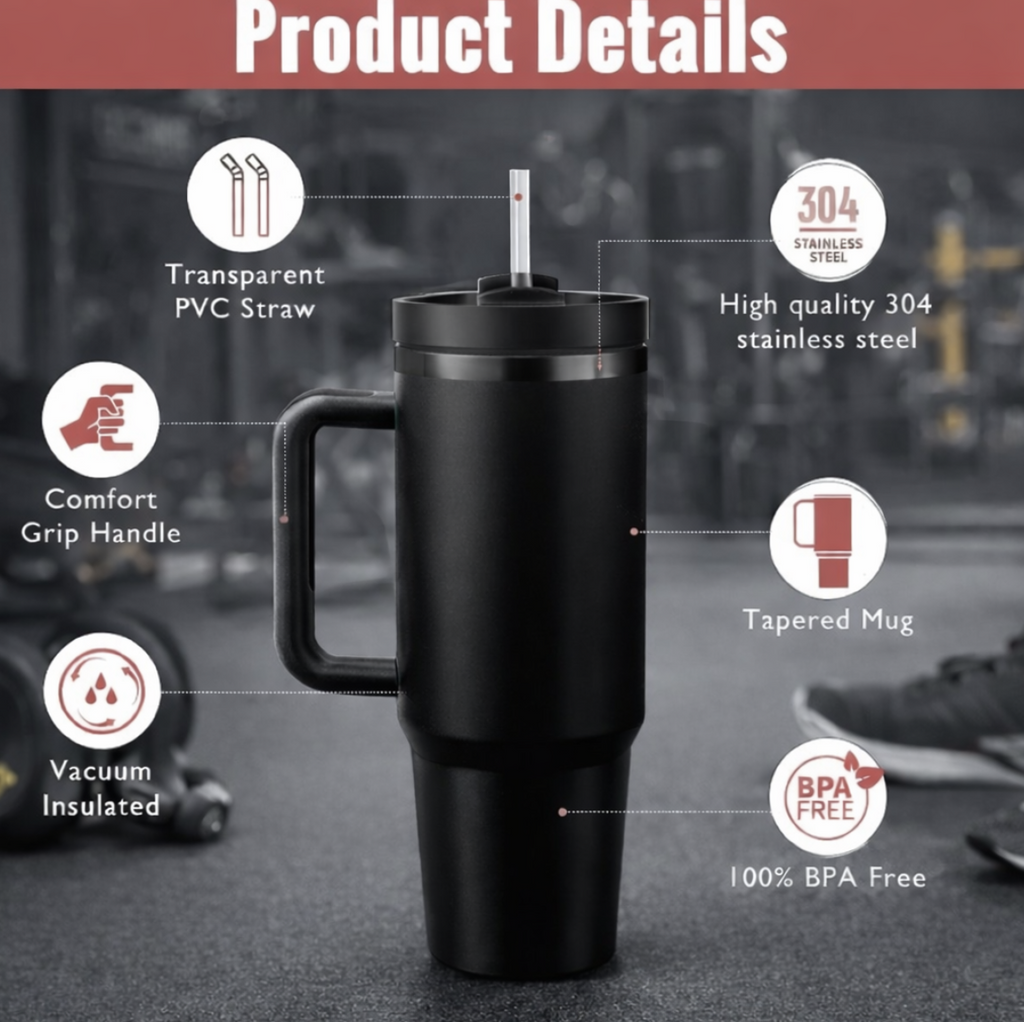 40 Oz Tumbler With Handle Straw Insulated, Stainless Steel Spill Proof Vacuum Coffee Cup Tumbler With Lid Tapered Mug Suitable For Car, Gym, Office and Travel