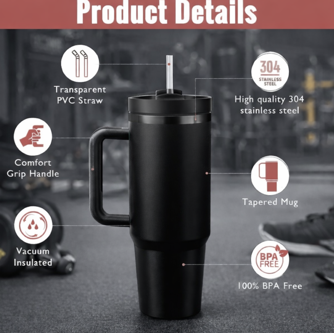40 Oz Tumbler With Handle Straw Insulated, Stainless Steel Spill Proof Vacuum Coffee Cup Tumbler With Lid Tapered Mug Suitable For Car, Gym, Office and Travel